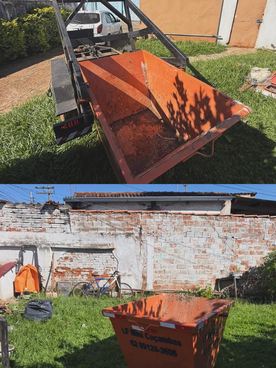 Mini caçamba LF sendo entregue com carretinha em quintal de Anápolis